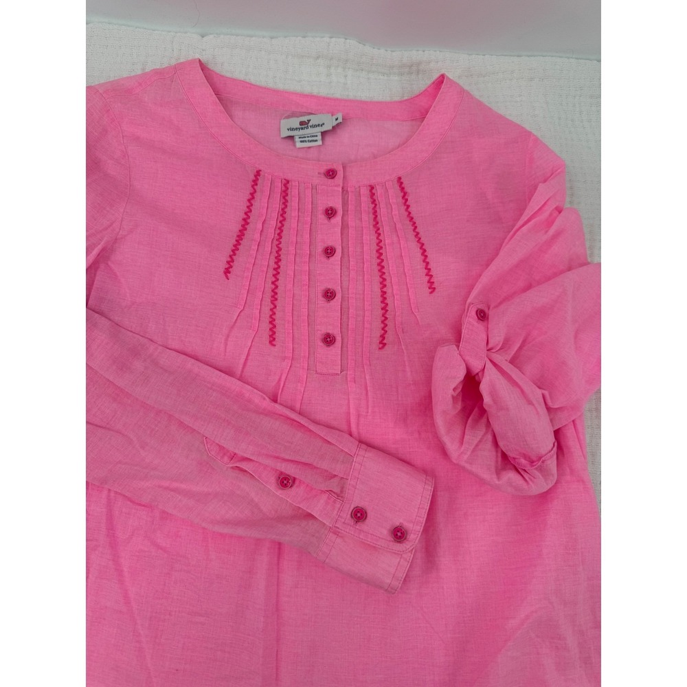 Vineyard Vines Popover Top Womens Medium Pink Pintuck Embroidered Henley